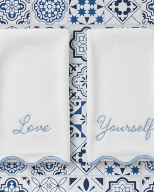 Personalized Luxury Cotton Hand Towels with Scallop Piping