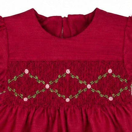 Floral Smocked Silk Red Short Sleeve Baby Girl Dress