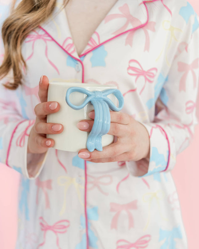 Powder Blue Bow Ceramic Coffee Tea Mug with Ribbon Handle