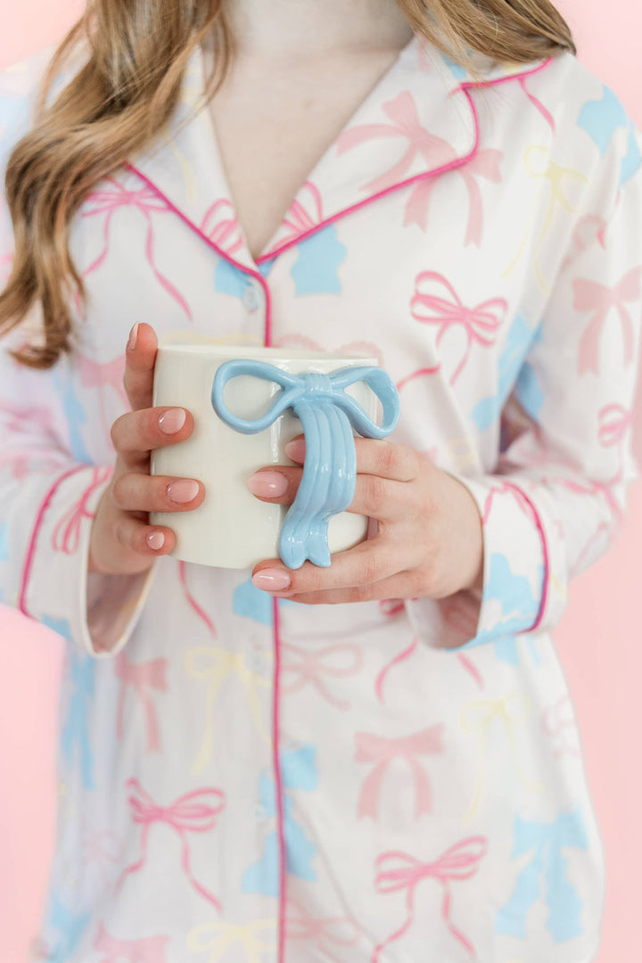 Powder Blue Bow Ceramic Coffee Tea Mug with Ribbon Handle