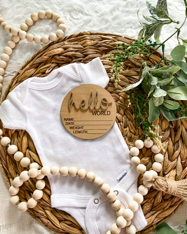 Hello World Birth Stat Announcement Wood Disc - Layered 3D