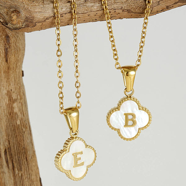 Four Leaf Clover Initial Shell Pendant Necklace