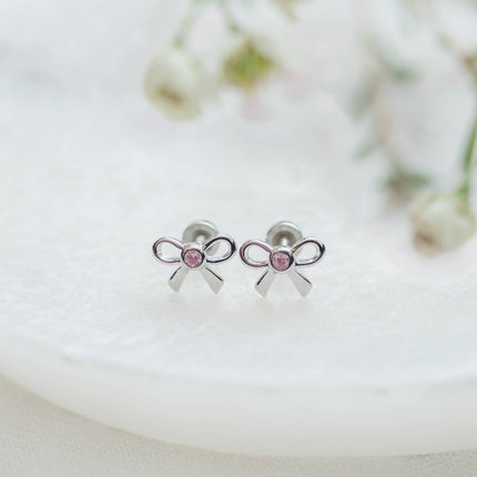 Girls Sterling Silver Pink Bow Screw Back Earrings for Kids