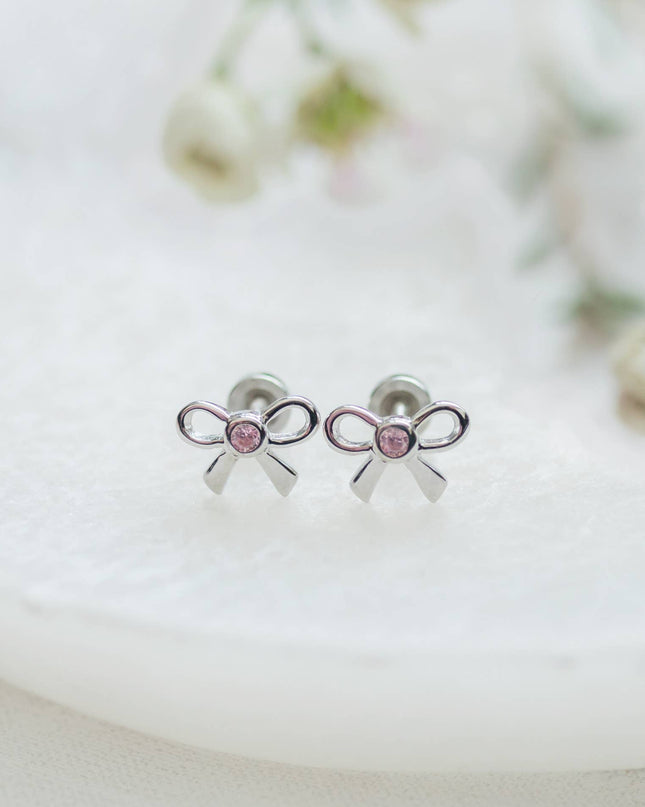 Girls Sterling Silver Pink Bow Screw Back Earrings for Kids