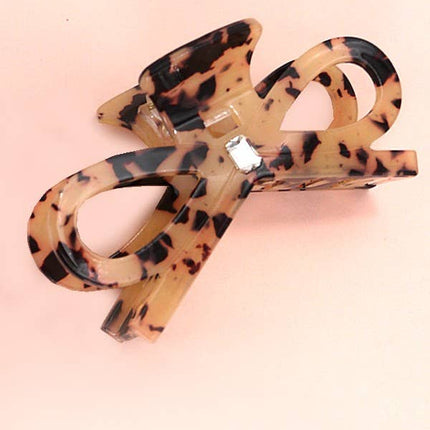 Large Bow Ribbon Rhinestone Hair Claw Clips - Tort