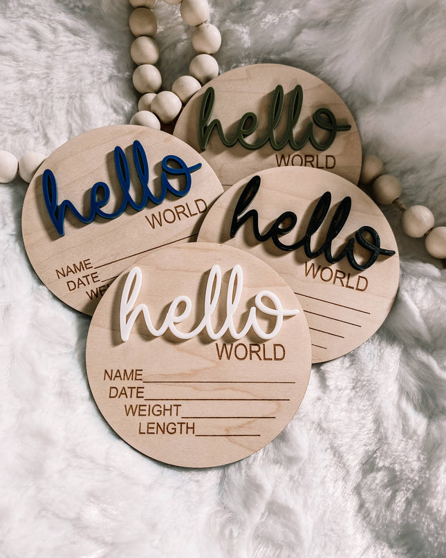 Hello World Birth Stat Announcement Wood Disc - Layered 3D