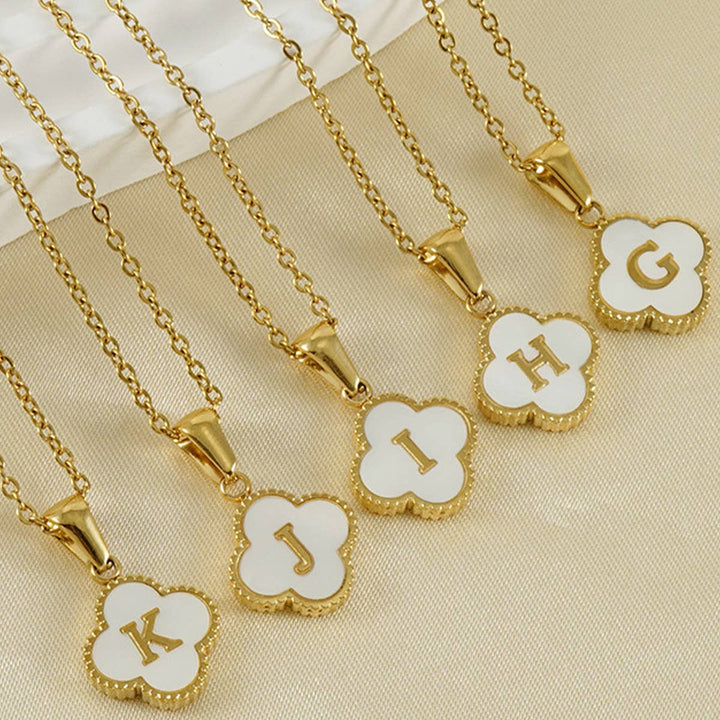 Four Leaf Clover Initial Shell Pendant Necklace