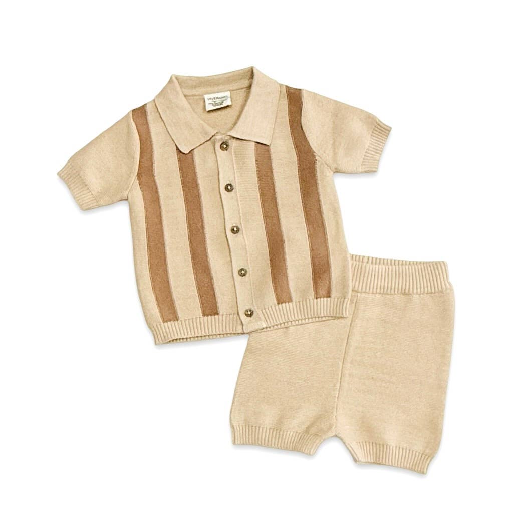 Tennis Collar & Stripe Knit Top & Shorts Set