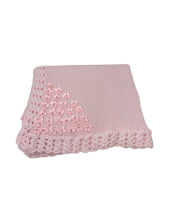 Pink Hand Knit Blanket with Rhinestone flower