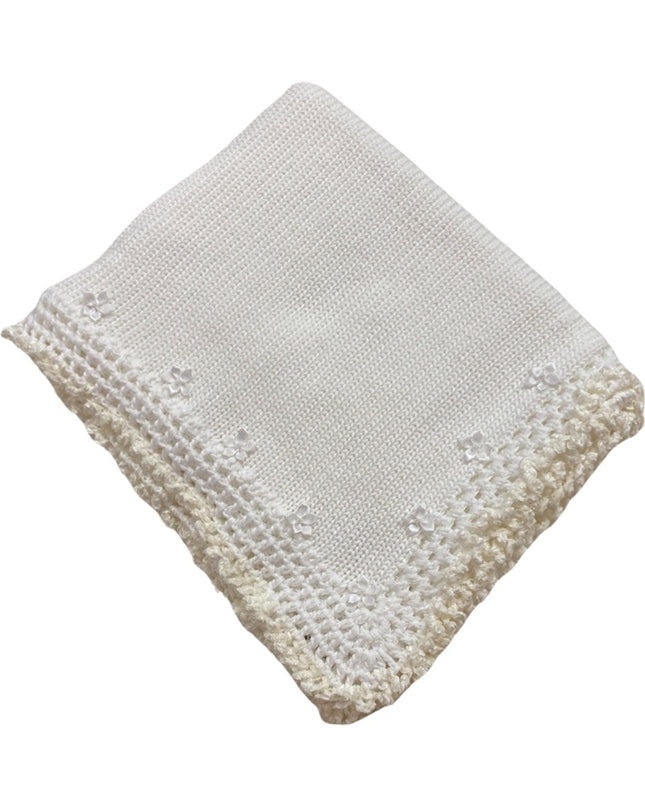 White Hand Knit Blanket with flowers