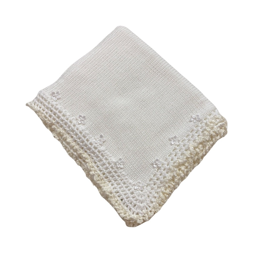 White Hand Knit Blanket with flowers