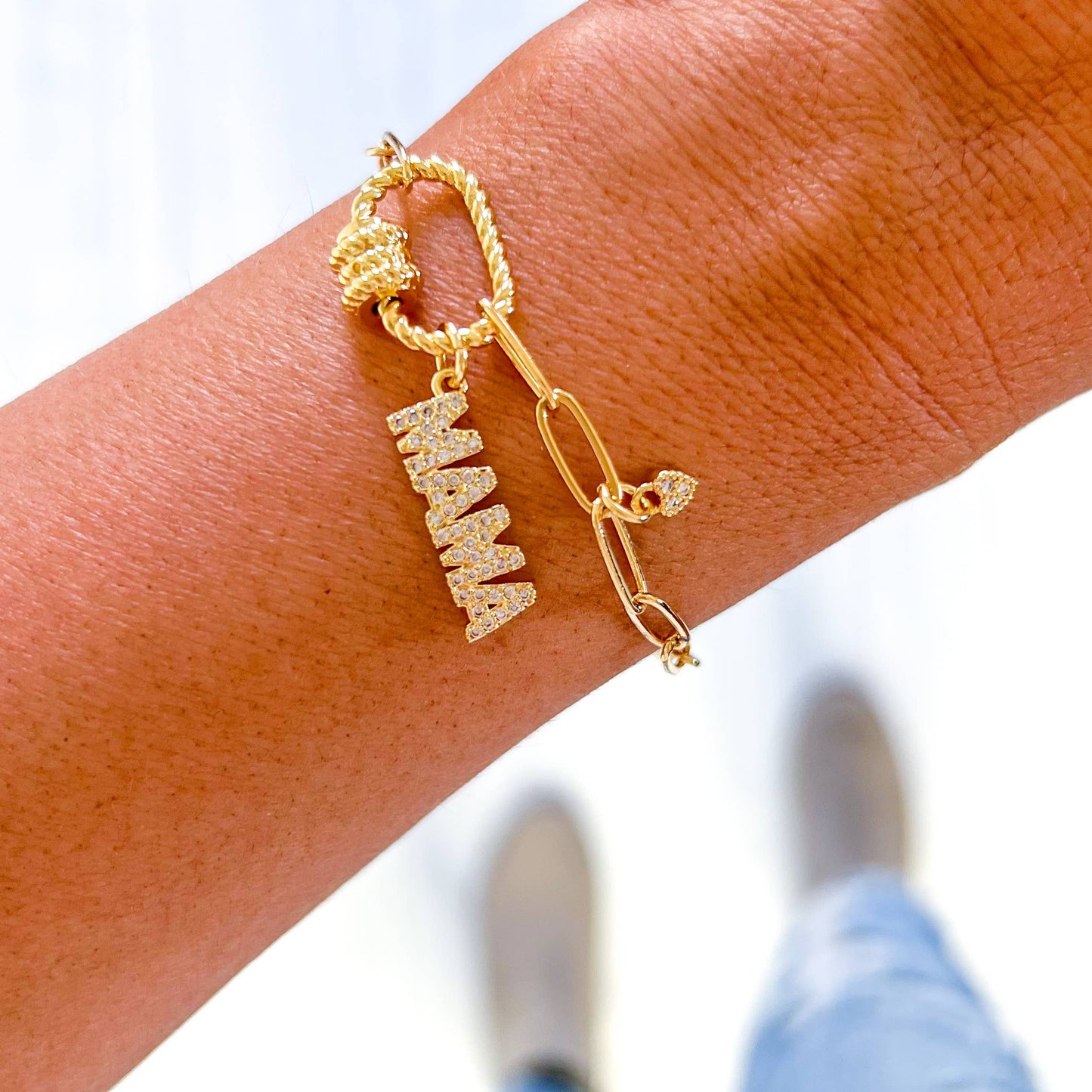 18K Gold Filled Mama Pave' Charm Bracelet