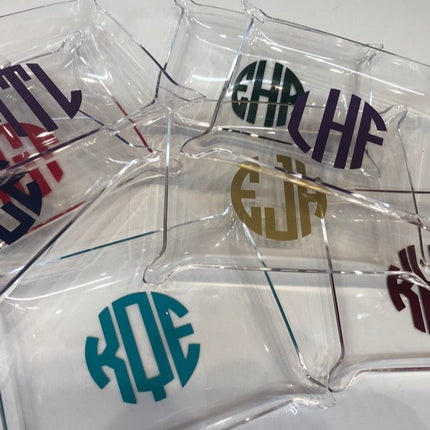 Personalized acrylic trinket tray — monogram example in gold script
