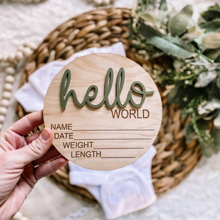Hello World Birth Stat Announcement Wood Disc - Layered 3D