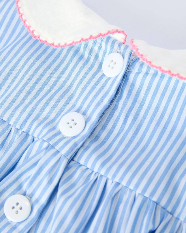Blue Stripe Girl Romper Petal Peter Pan Collar Bow