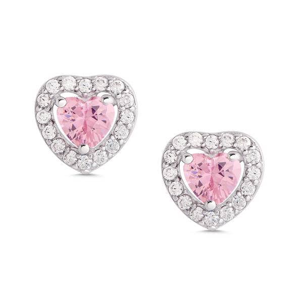 Pink & White CZ Heart Halo Stud Earrings In Sterling Silver