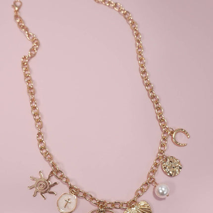 SUN BOW PEARL CROSS DISC  CHARM NECKLACE