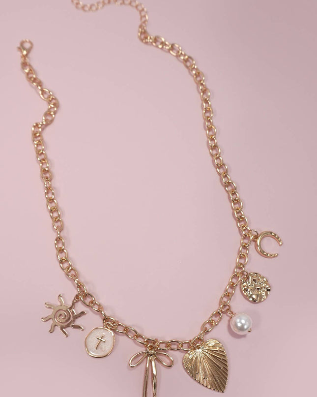SUN BOW PEARL CROSS DISC  CHARM NECKLACE