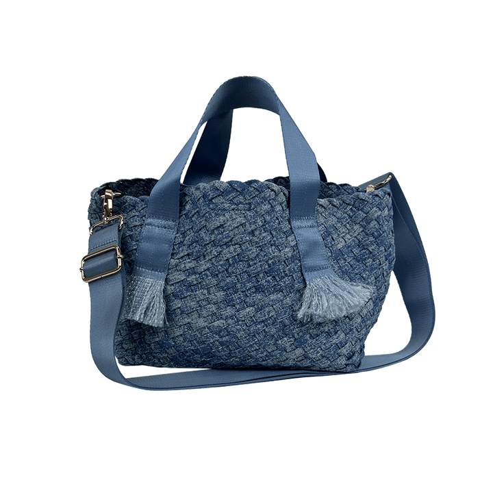 Darcy Woven Denim Tote w/ Self Handles w/ Crossbody Strap