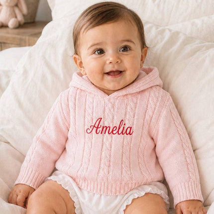 Personalized Pink Cable Knit Hooded Zip-Back Baby Sweater – 100% Cotton
