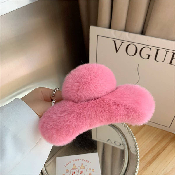 Large Rabbit Fur Hair Claw - Fluffy Winter Clip_CWAHA3307