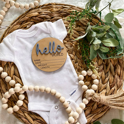 Hello World Birth Stat Announcement Wood Disc - Layered 3D