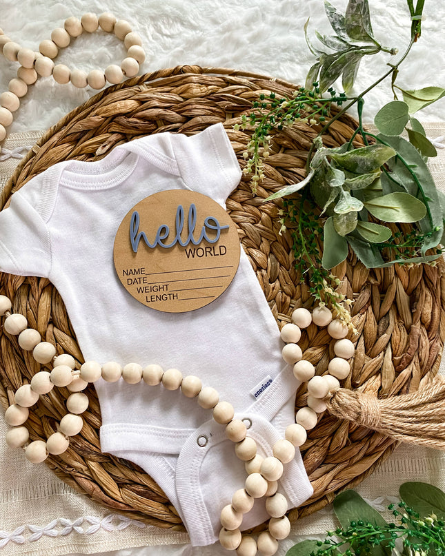 Hello World Birth Stat Announcement Wood Disc - Layered 3D