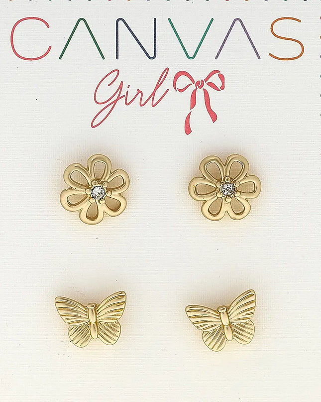 Cleo Open Flower & Butterfly Children's Stud Earrings Set of 2