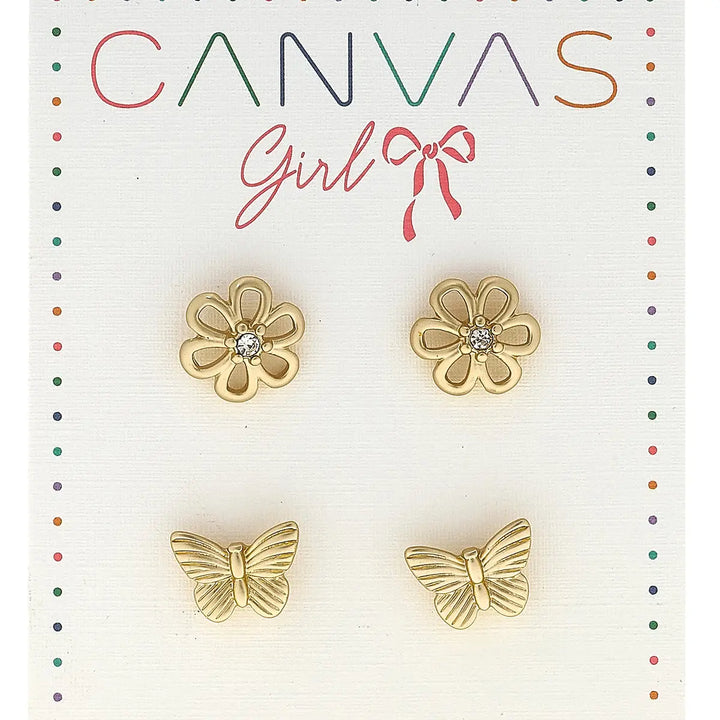 Cleo Open Flower & Butterfly Children's Stud Earrings Set of 2