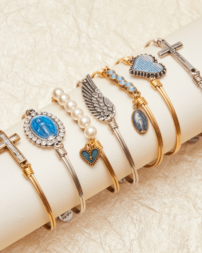 Crystal Pearl Rosary Heart Bangle Bracelet