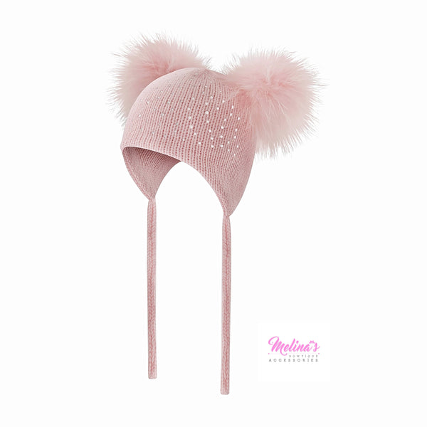 Pink Crystal Double Pom Hat