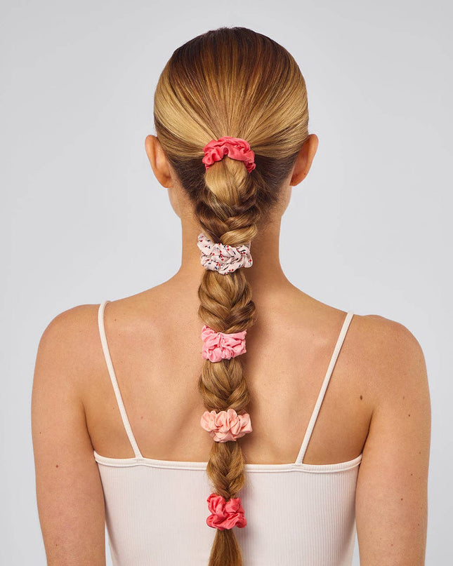 Ruched Satin Scrunchies 5pc Set - Cherry Blossom