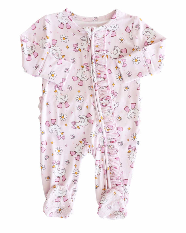 Silly Goose Ruffle Zipper Footie | Pink