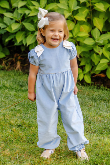 Ryleigh Romper (Corduroy) Beale Street Blue with Palmetto Pearl Bows