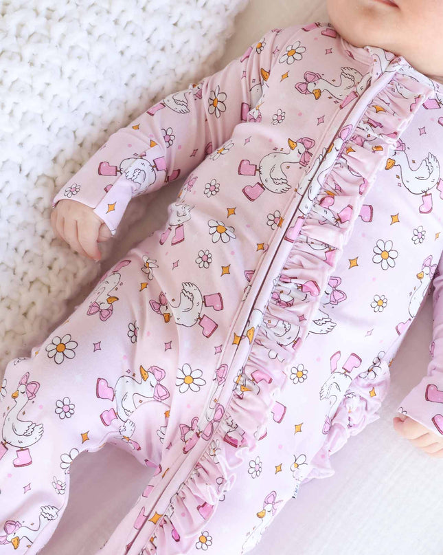 Silly Goose Ruffle Zipper Footie | Pink