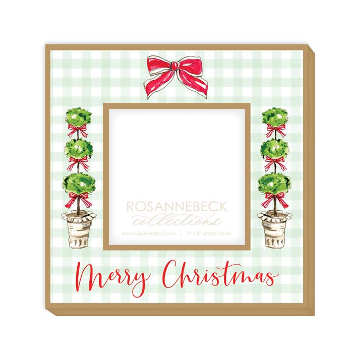 Merry Christmas Poinsettia Topiaries Red Bow Frame