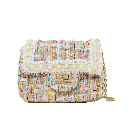 Classic Tweed Handbag with Pearls - White, front view