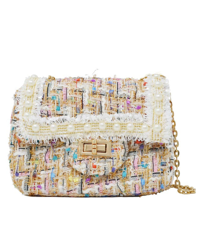 Classic Tweed Handbag with Pearls - White, front view