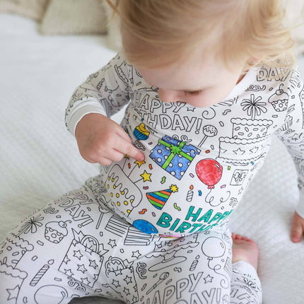 Colorable Two Piece Pajama Set | Birthday Celebration with Markers