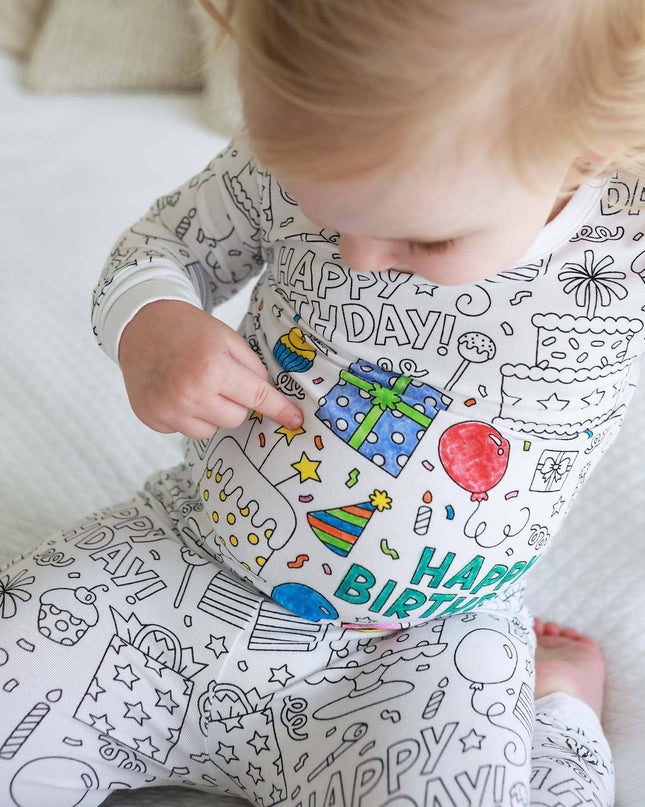 Colorable Two Piece Pajama Set | Birthday Celebration with Markers