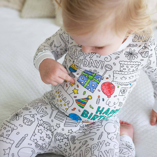 Colorable Two Piece Pajama Set | Birthday Celebration with Markers