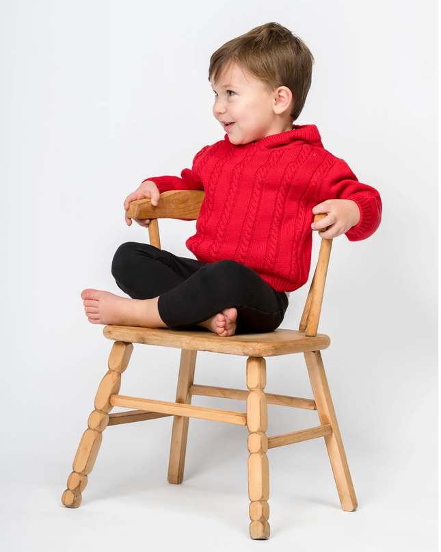 Red cable zip back hooded sweater — personalized with embroidered monogram, baby clothing gift