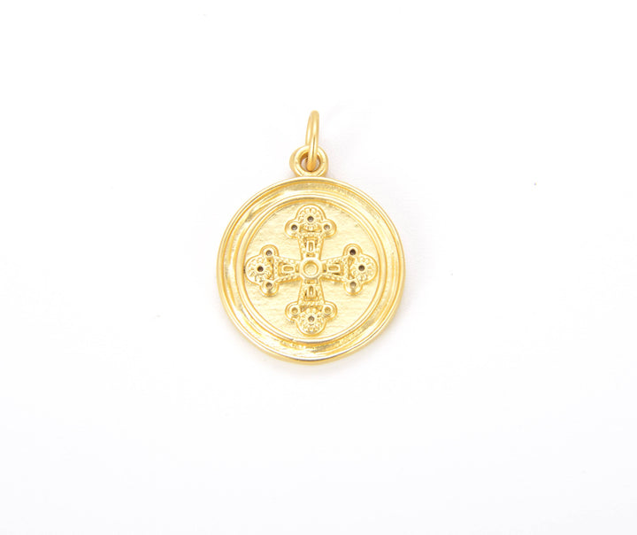 Gold Filled Round Cross Medallion Charm Pendant, CP752