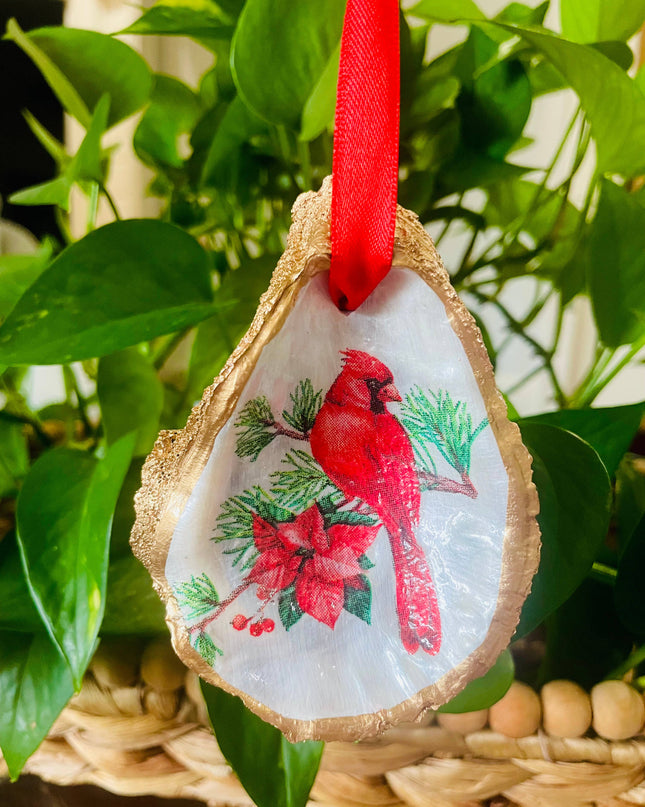 Oyster Shell Ornament, Cardinal and Poinsettia Ornament