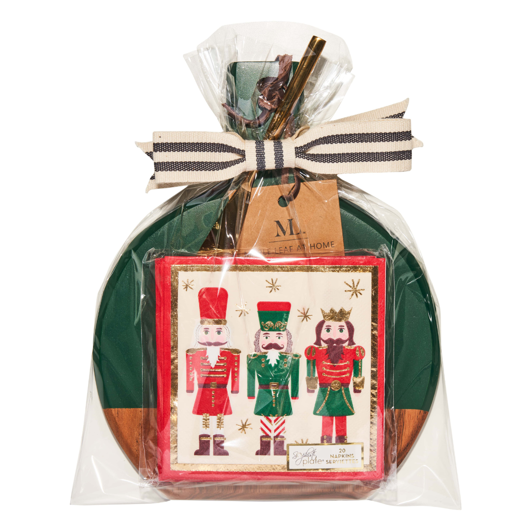 Bevel Board Kit - 9.75 x 8" Green Acacia Medium w/ Gold Spreader, Nutcracker Napkin, and Ribbon