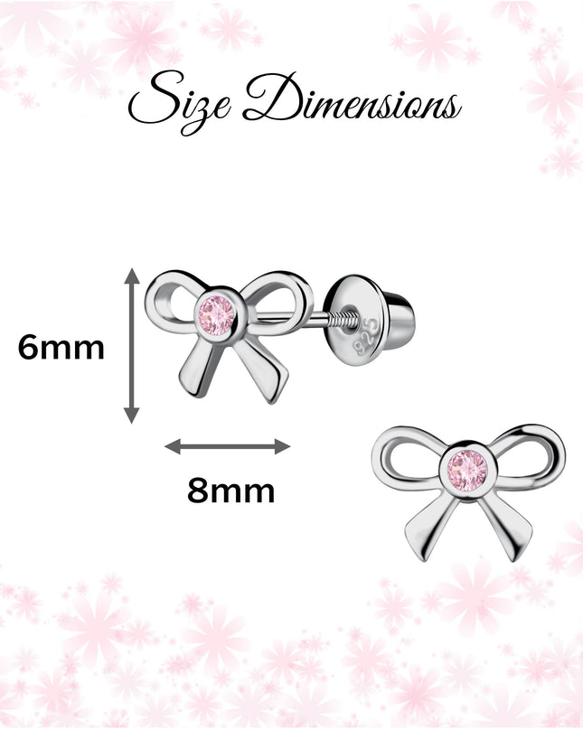 Girls Sterling Silver Pink Bow Screw Back Earrings for Kids