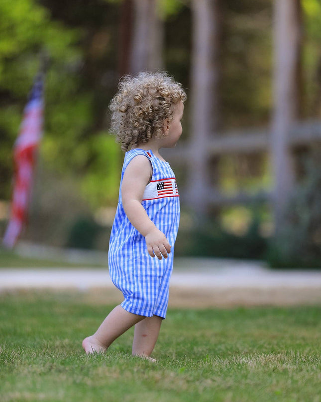4th of july Flag Embroidery Smocking Boys Romper