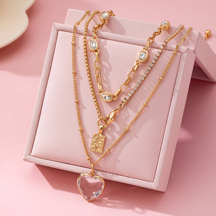 Multi Layered Rhinestone Heart Charm Necklace