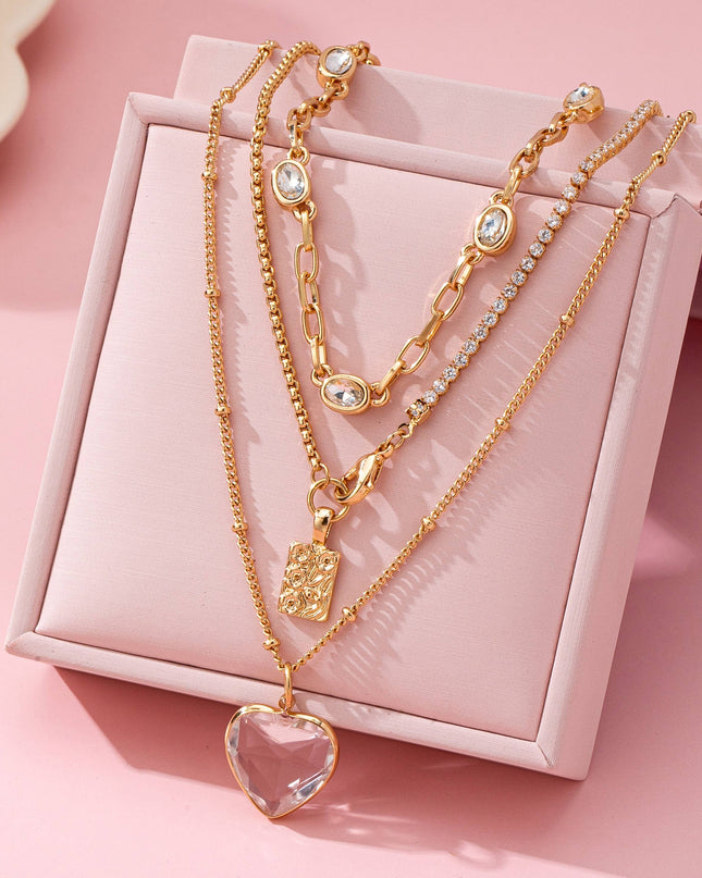 Multi Layered Rhinestone Heart Charm Necklace