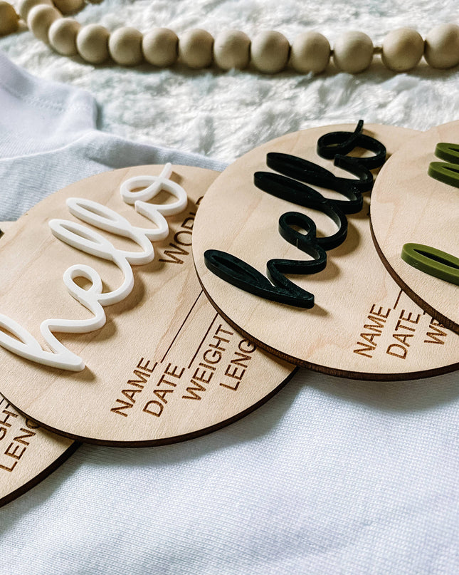 Hello World Birth Stat Announcement Wood Disc - Layered 3D